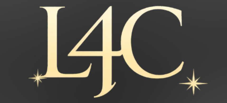 Light beige text 'L4C' with small star graphics on a black background.