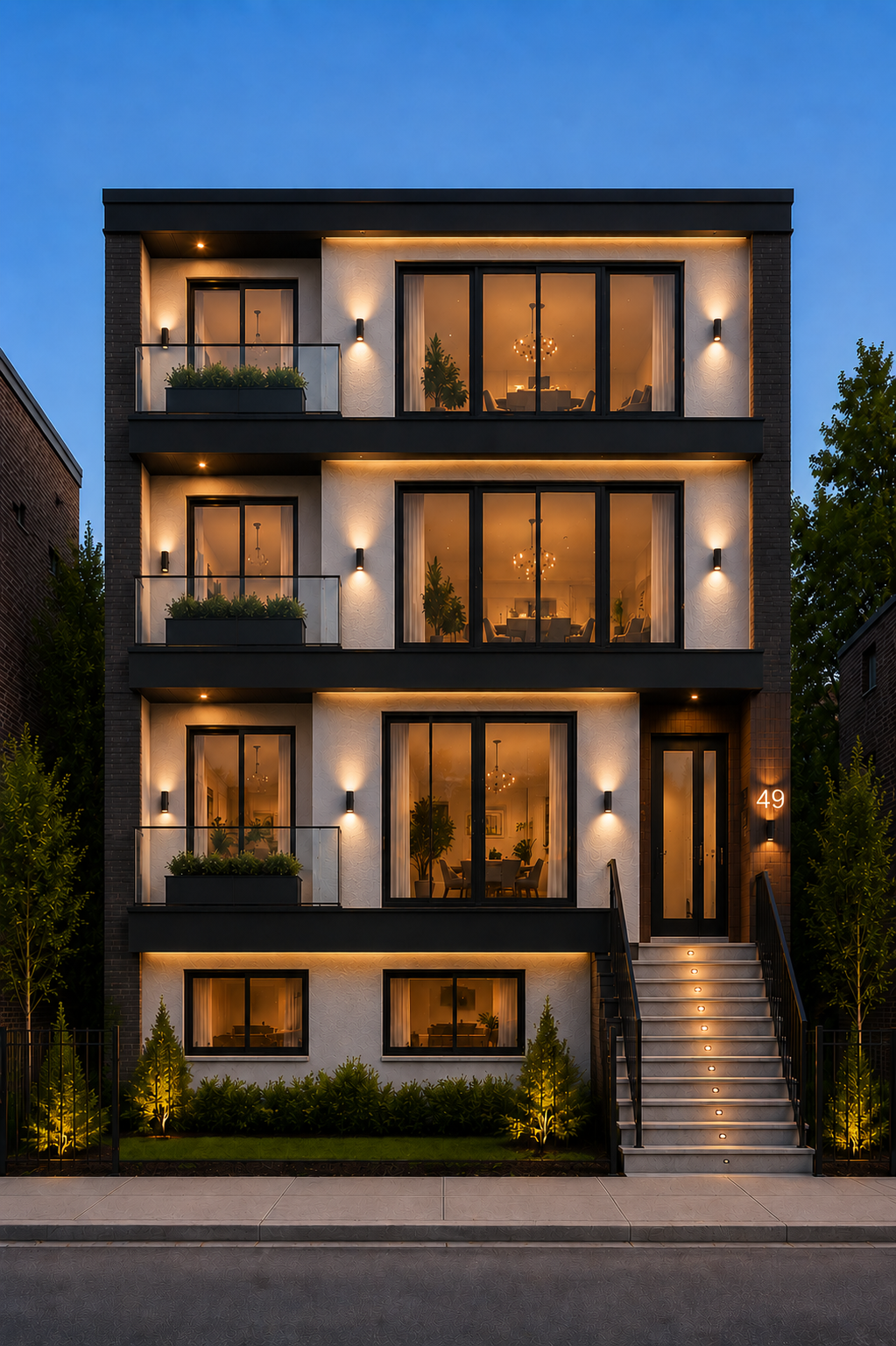 Modern multi-story apartment building at dusk with illuminated windows, balconies with plants, a staircase, and outdoor lighting along the sidewalk.