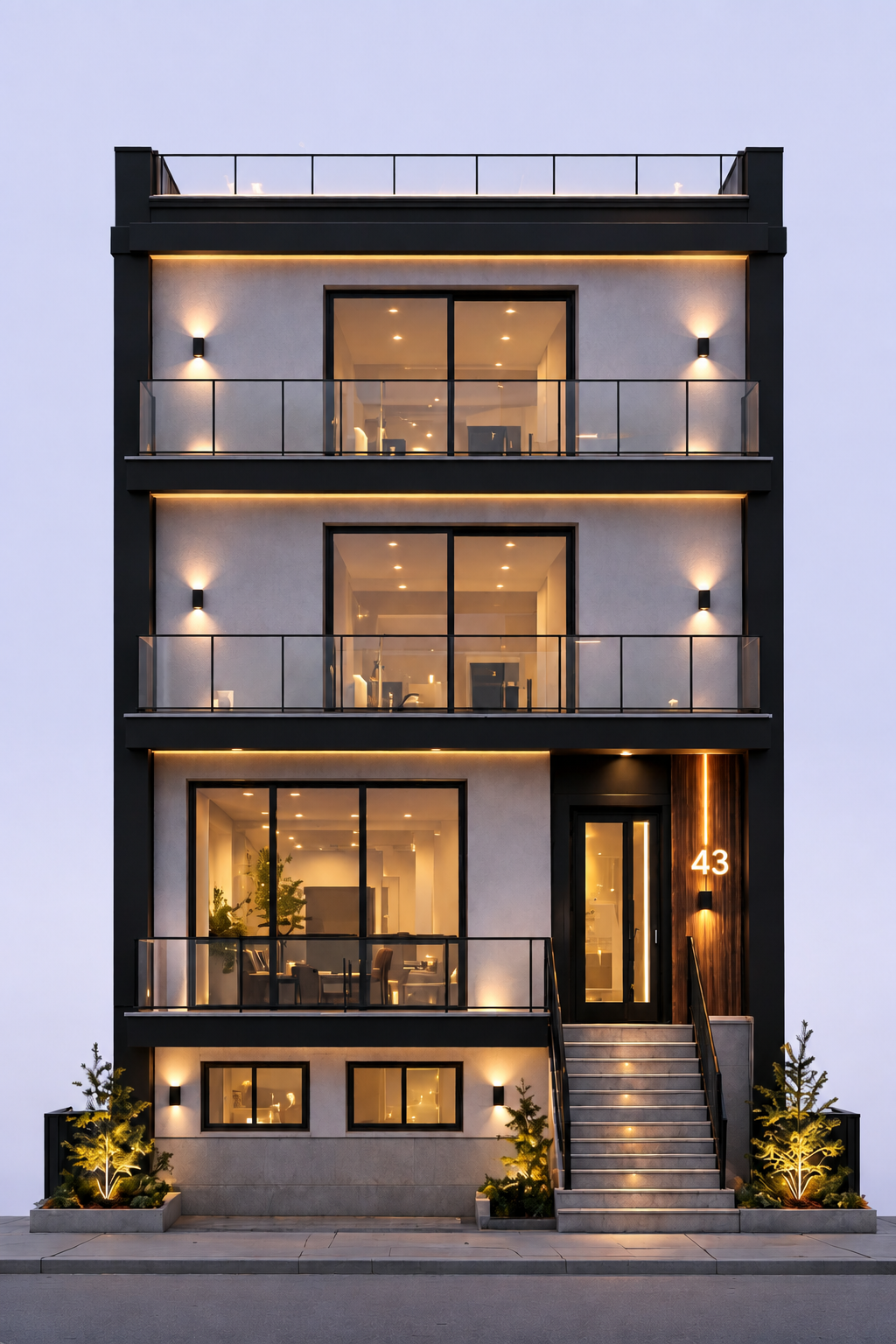 Modern four-story building with illuminated balconies and large glass windows, featuring exterior lighting and a small landscaped area with trees at the entrance.