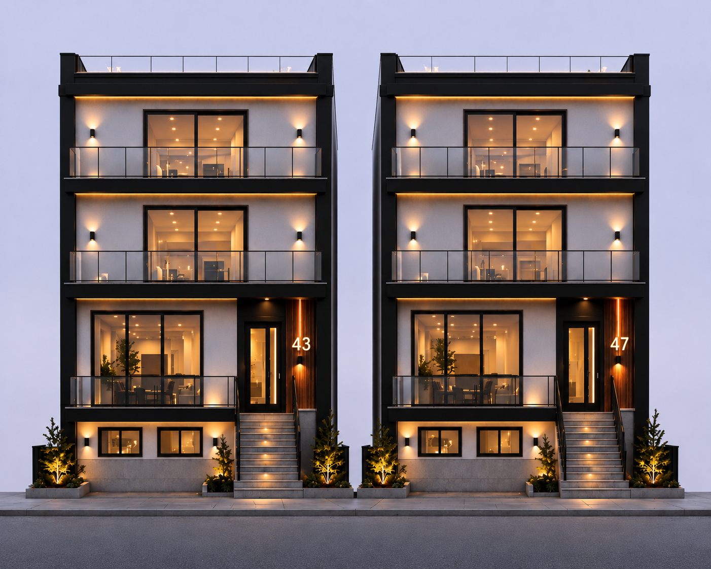Two modern apartment buildings with three floors each, featuring large glass windows and balconies. The buildings are illuminated with warm lighting, and each has a door with house numbers 43 and 47 next to the stairs. Small trees with lights are planted in front.