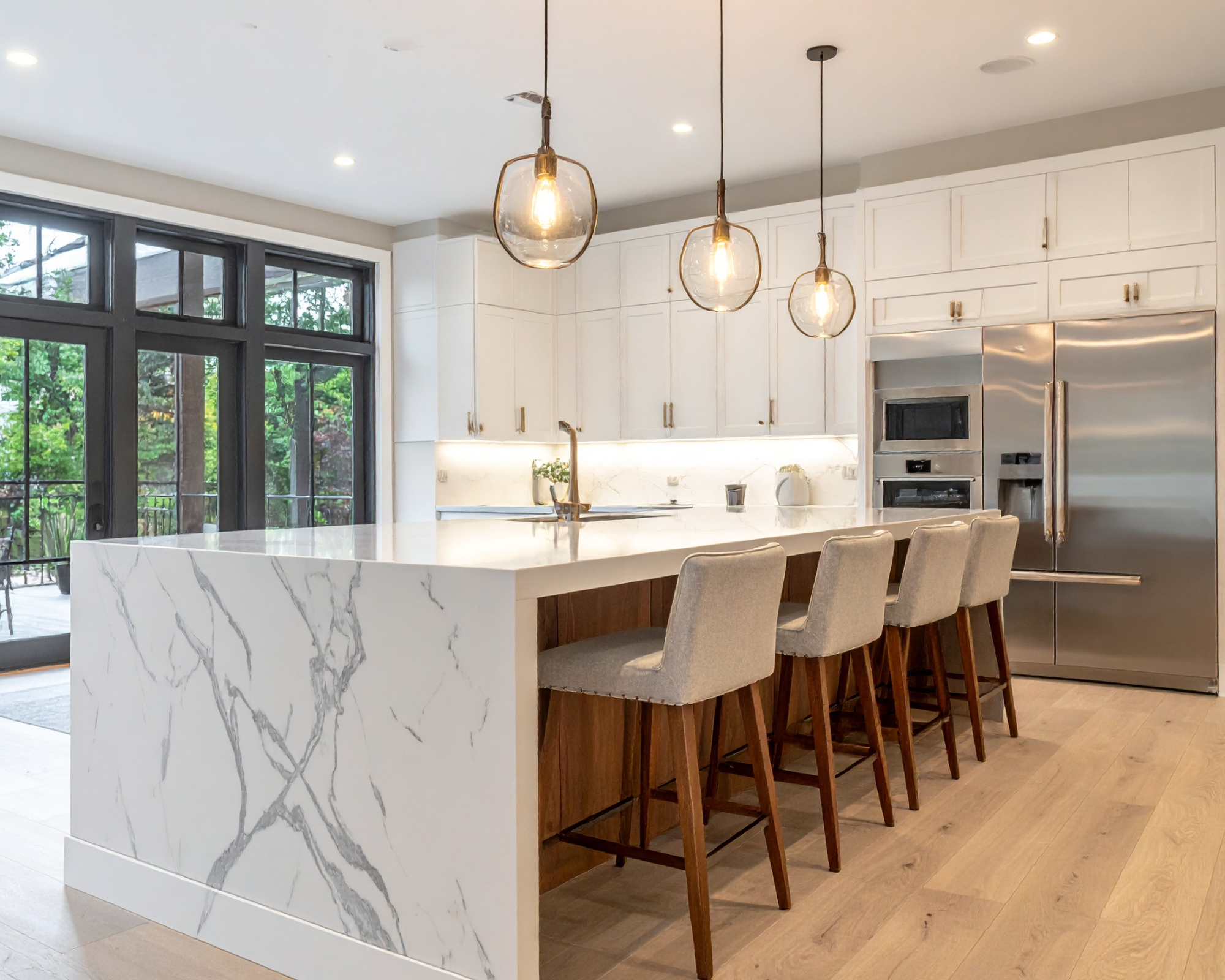Modern kitchen with white cabinets, stainless steel refrigerator, island with marble countertop, pendant lights, and large window showing outdoor greenery.