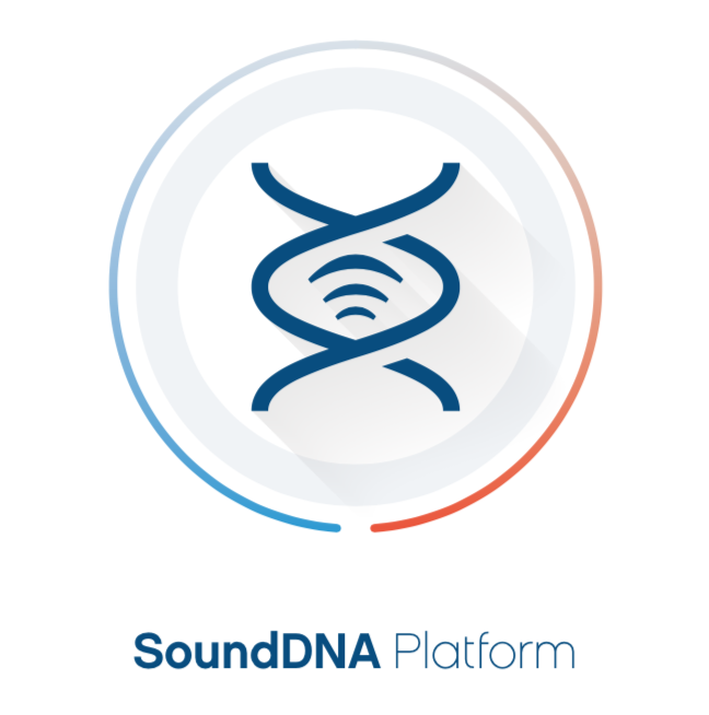Logotipo de SoundDNA Platform con un icono de hélice de ADN y ondas de sonido en el centro, con un círculo de colores azul y rojo alrededor.