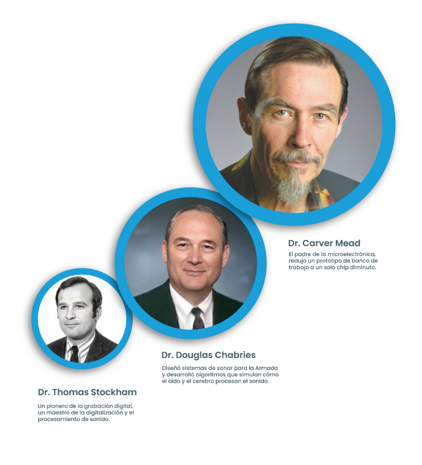 Retrato de tres científicos en círculos con fondo blanco y gris. Texto con sus nombres y contribuciones: Dr. Carver Mead, Dr. Douglas Chabries, Dr. Thomas Stockham.