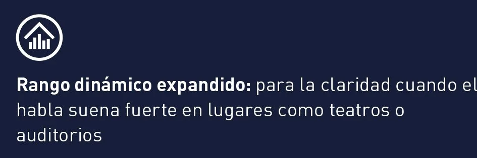 Texto que explica el rango dinámico expandido para mayor claridad en lugares como teatros o auditorios
