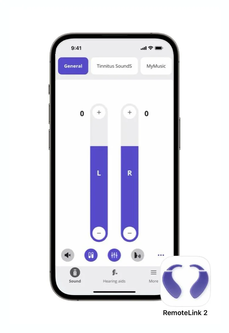 Pantalla de una aplicación de ajuste de audífonos en un teléfono móvil, con controles para balance izquierdo y derecho, y una opción de conexión con auriculares Bluetooth RemoteLink 2 en la esquina inferior derecha.