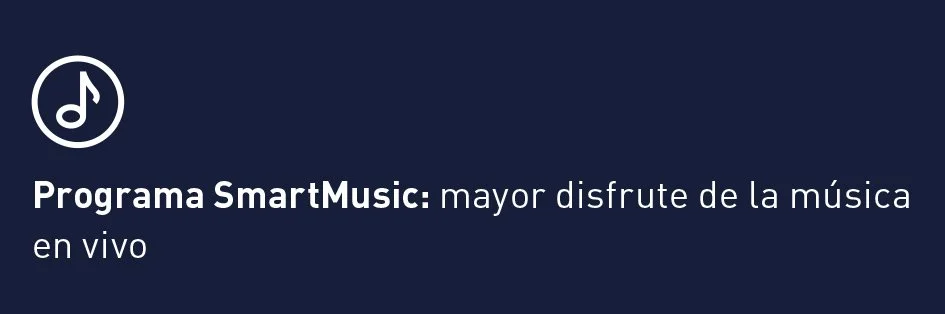 Texto promocional sobre el Programa SmartMusic, animado con un ícono de nota musical, que invita a disfrutar música en vivo.