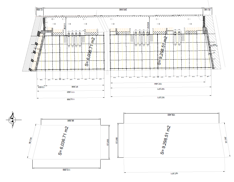Plano técnico de una construcción con dos áreas principales, cada una con sus propias dimensiones y áreas en metros cuadrados, mostrando detalles estructurales y mediciones.