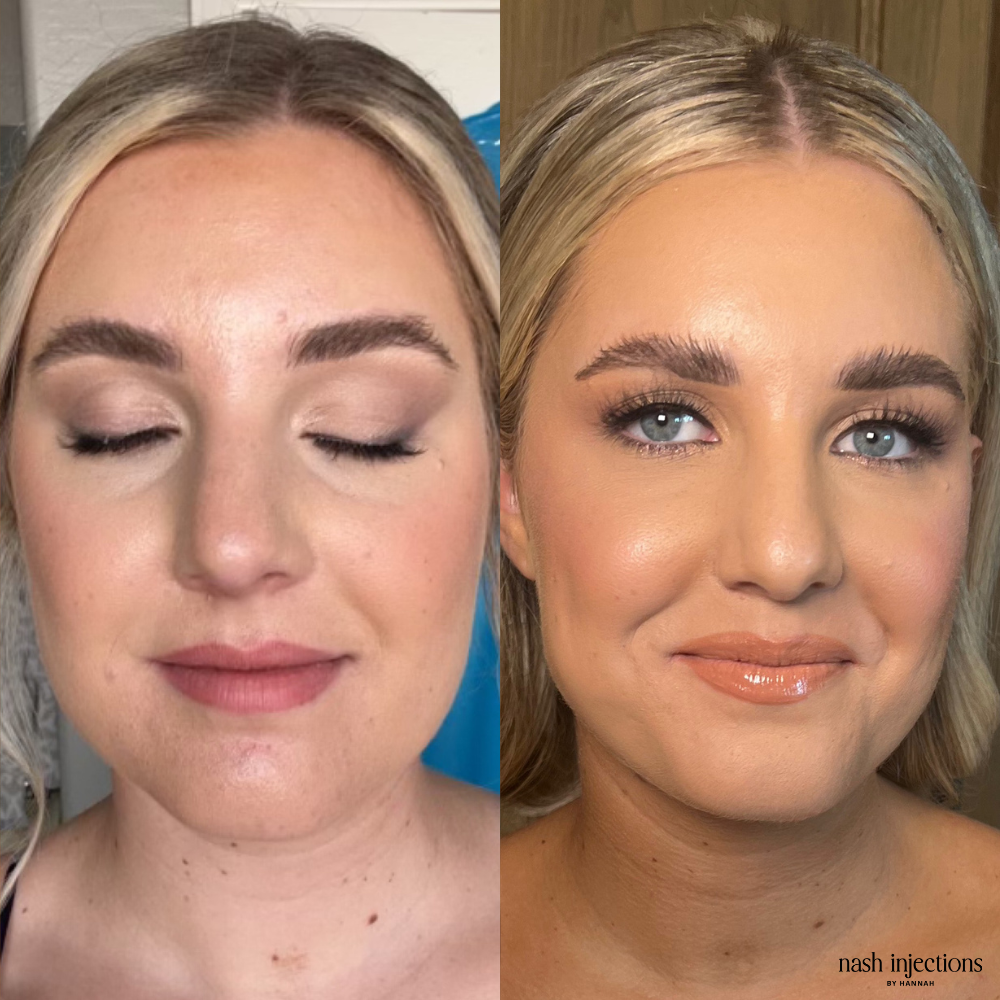 Before and after comparison of a woman's face highlighting makeup application with closed eyes in the first photo, and open eyes with a smile in the second photo.