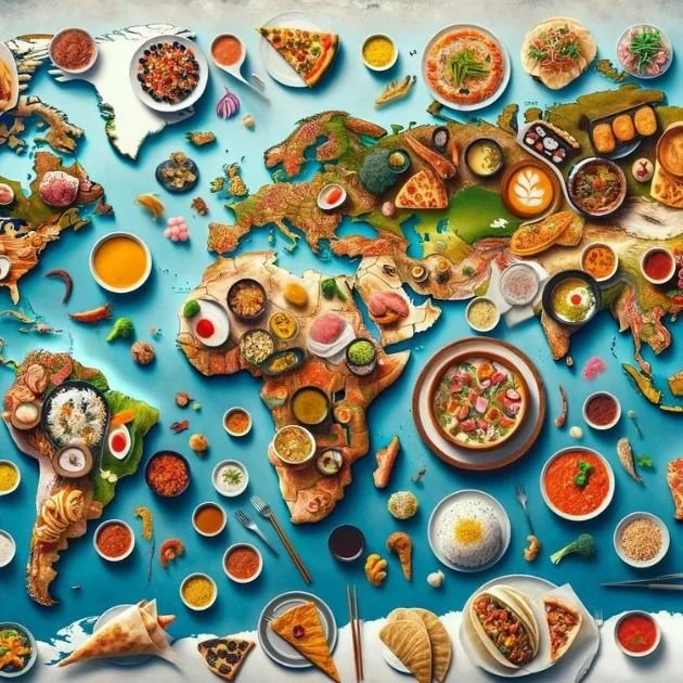 A world map made from different international foods and dishes, with various plates of cuisine surrounding the map.