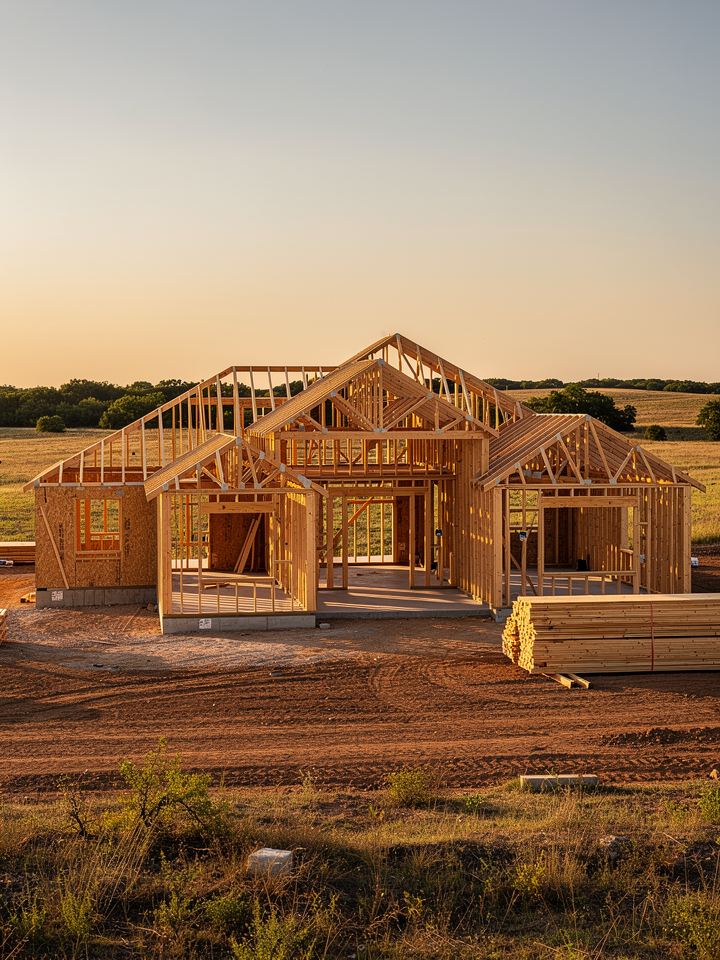 Wooden house under construction with framing for walls and roof on a construction site in a rural area during sunset.