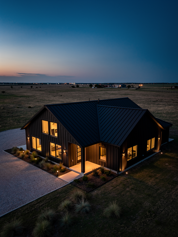 A modern black house with large windows and a metal roof, illuminated from inside, situated in a wide open field at dusk with a gravel driveway leading up to it.