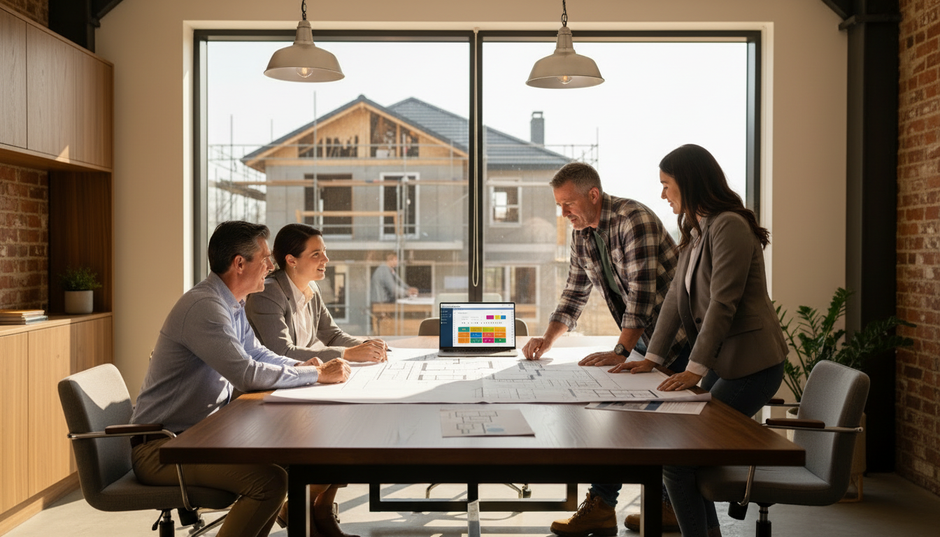 Five professionals gathered around a conference table discussing building plans in a modern office with large window and city view.