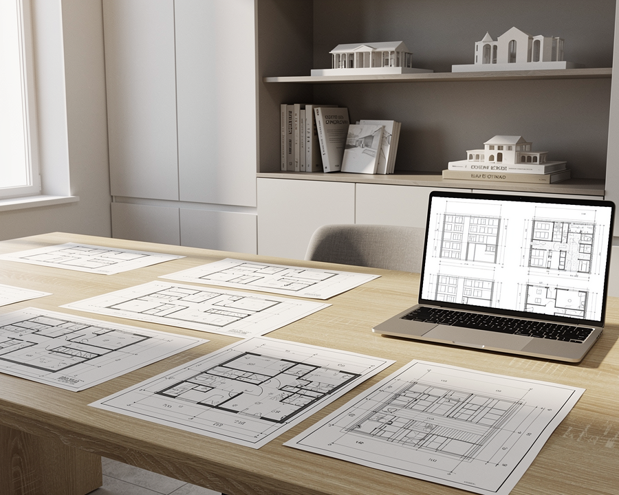 Architectural plans and blueprints spread out on a wooden table with a laptop displaying floor plans, in an office with white shelves and model buildings in the background.