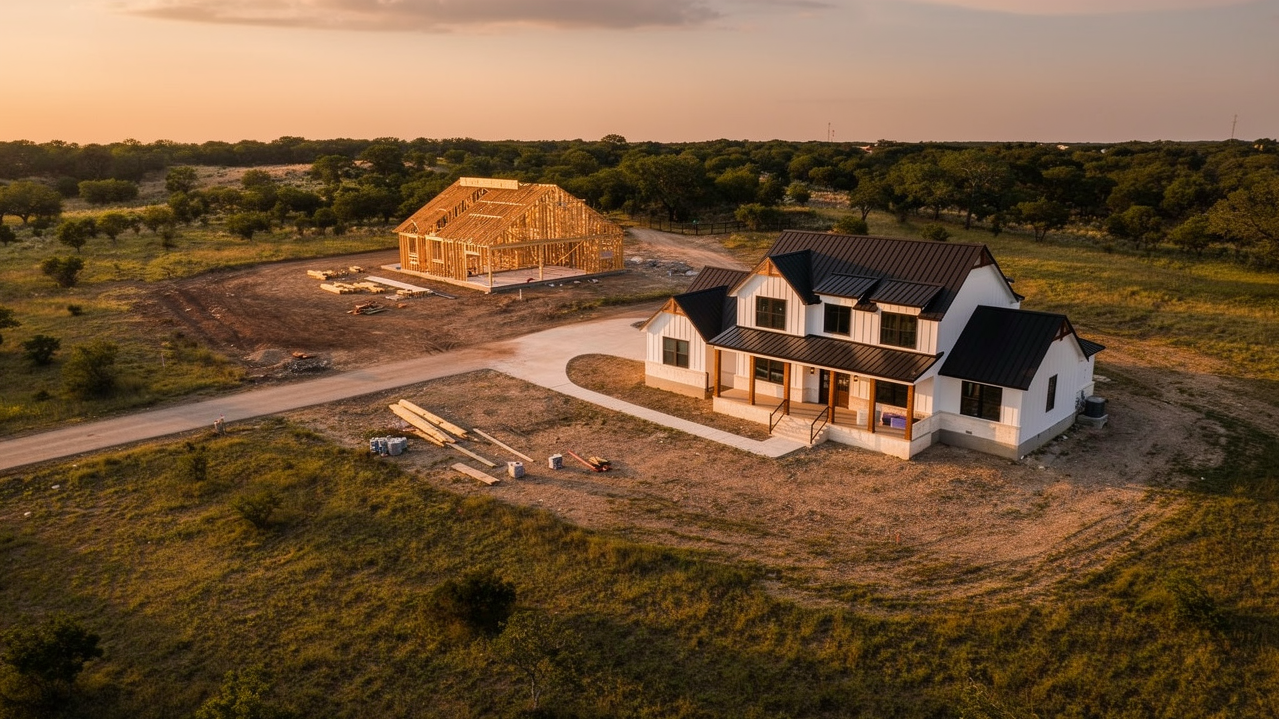 A house under construction next to a finished house in a rural area, surrounded by trees and open land at sunset.