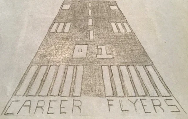 A pencil drawing of a runway with a message that says "CAREER FLYERS" at the bottom.