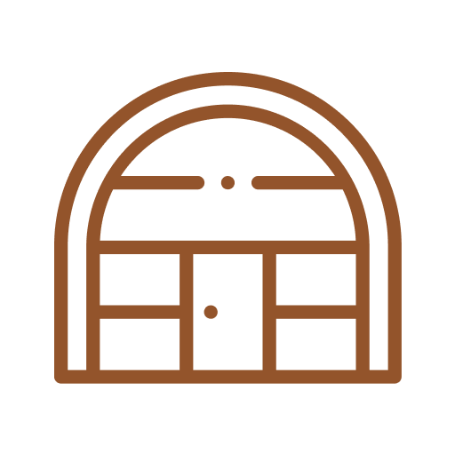 Outline of a stadium entrance arch with door and window details