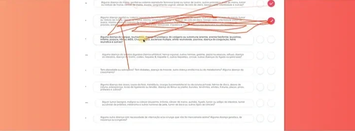 Health statement form with multiple questions about pre-existing conditions, with red lines tracing the user's mouse path during usability testing, revealing difficulty navigating the volume and complexity of the information.