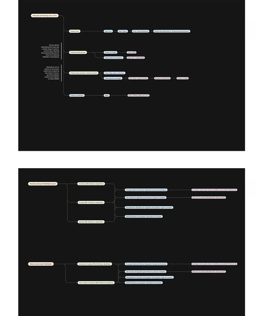 Flow diagrams showing international roaming activation steps by Vivo customer type, and monthly and daily plan pricing for Americas, Europe, Asia, Africa, and Oceania.
