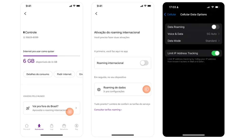 Three mobile screens showing the international roaming activation flow: the Vivo app home screen with a roaming prompt, the in-app roaming activation steps, and the iOS cellular data settings screen to enable data roaming on the device.