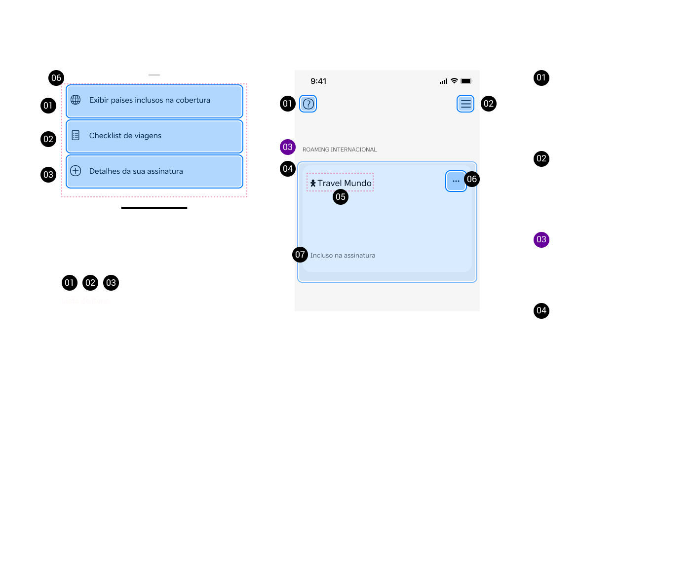 Annotated UI specification for a Vivo app screen showing international roaming plan details, with numbered callouts identifying buttons, headings, links, and list items alongside their accessibility labels in Portuguese.