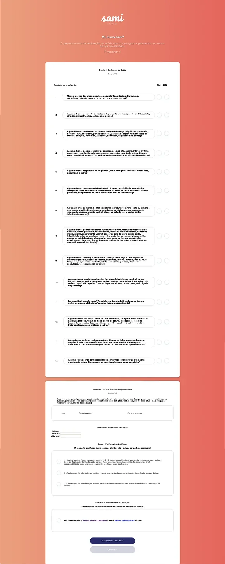 Health declaration form showing questions 7 through 14, each listing extensive medical conditions across reproductive, blood, digestive, bone, endocrine, and oncological systems for users to self-declare.