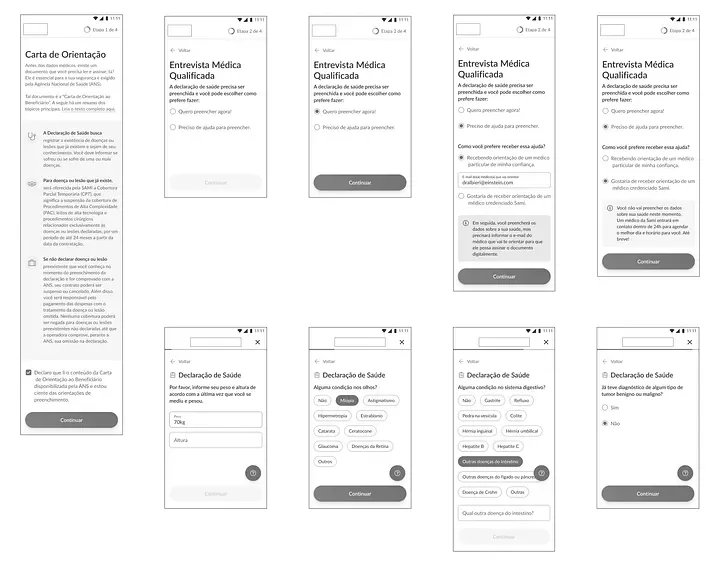 Mid-fidelity wireframes for a health plan onboarding flow: Beneficiary Orientation Letter, medical interview preference screens, and health declaration steps covering physical data, conditions, and cancer history.