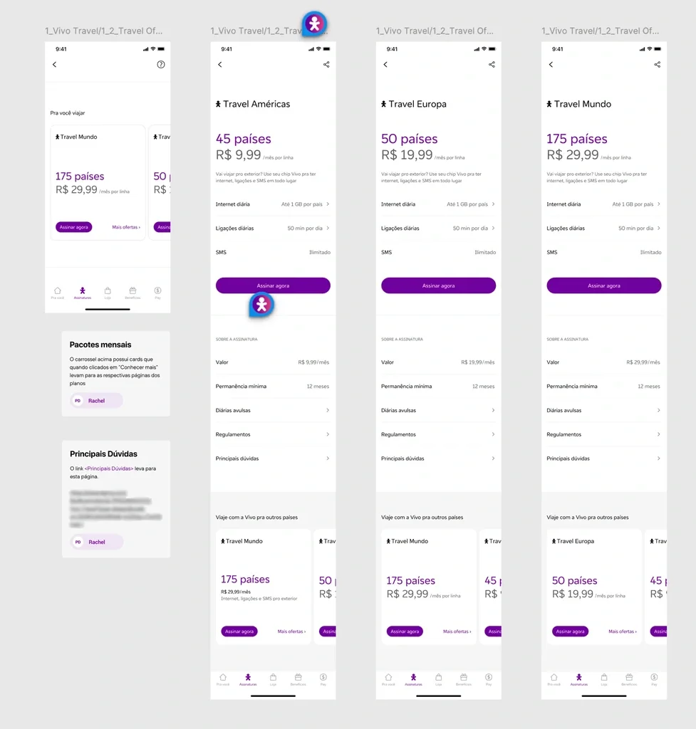 Four high-fidelity app screens displaying the Vivo Travel subscription plans — Travel Américas, Europa, and Mundo — with country coverage, monthly pricing, daily internet, call and SMS details, and a plan comparison carousel.