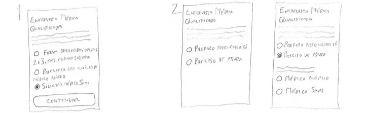Hand-drawn wireframe sketches exploring two versions of a health profile qualification questionnaire, with radio button options for plan type and provider selection.