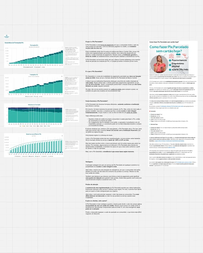 Research document analyzing Pix Parcelado, covering its definition, how Pix Garantido works, operating models by institution, advantages, pain points, and a comparison with credit card installments, illustrated with Pix transaction statistics charts.
