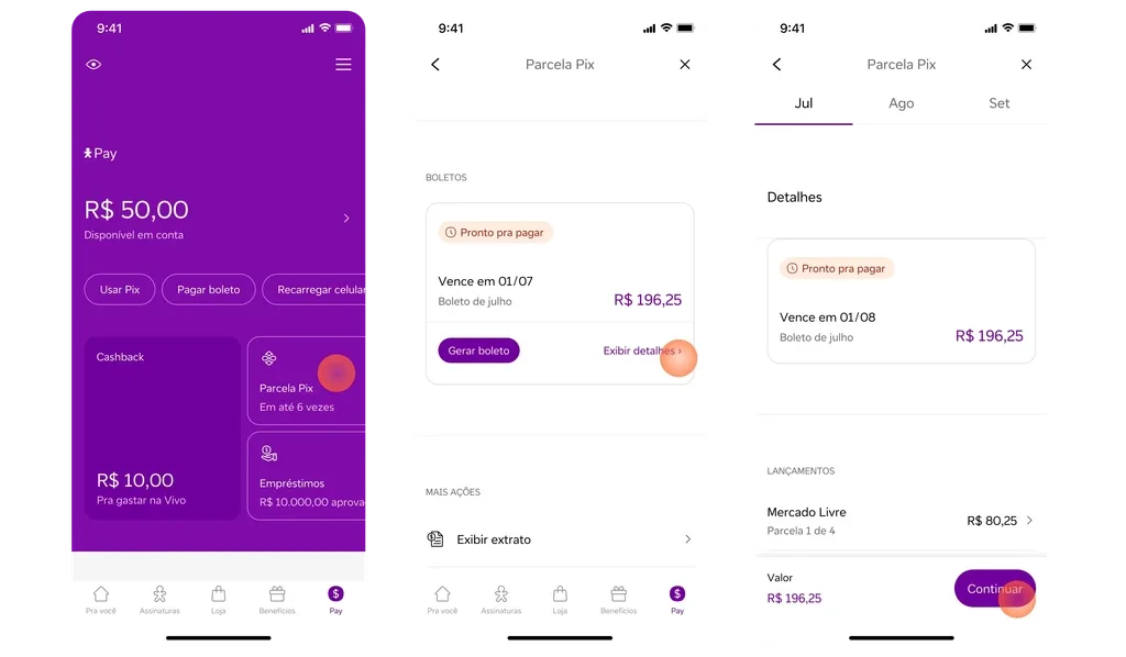 Three app screens showing the Parcela Pix feature: the Pay home screen with a Parcela Pix entry point, an installment boleto due date screen, and a monthly installment detail view with transaction breakdown.