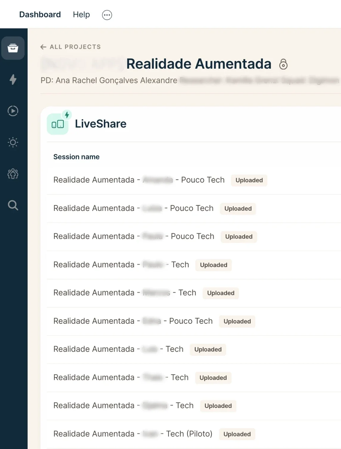 Lookback dashboard showing the LiveShare session list for the Augmented Reality research project, with ten uploaded usability testing sessions categorized by participant tech profile — High and Low Technology familiarity