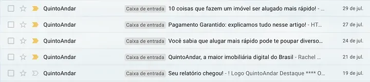 Gmail inbox showing five QuintoAndar emails sent to a prospected landlord in two weeks, focusing on renting quickly, with only one email addressing guaranteed payments and none covering property maintenance.
