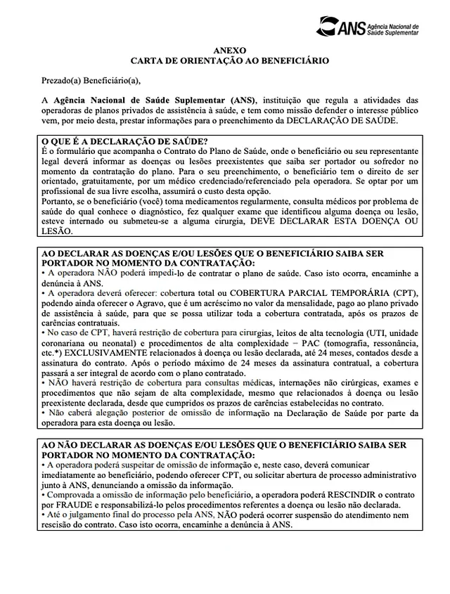 ANS annex document titled Beneficiary Orientation Letter, explaining health declaration rights and obligations for Brazilian private health plan members, including coverage rules and consequences of omitting pre-existing conditions.