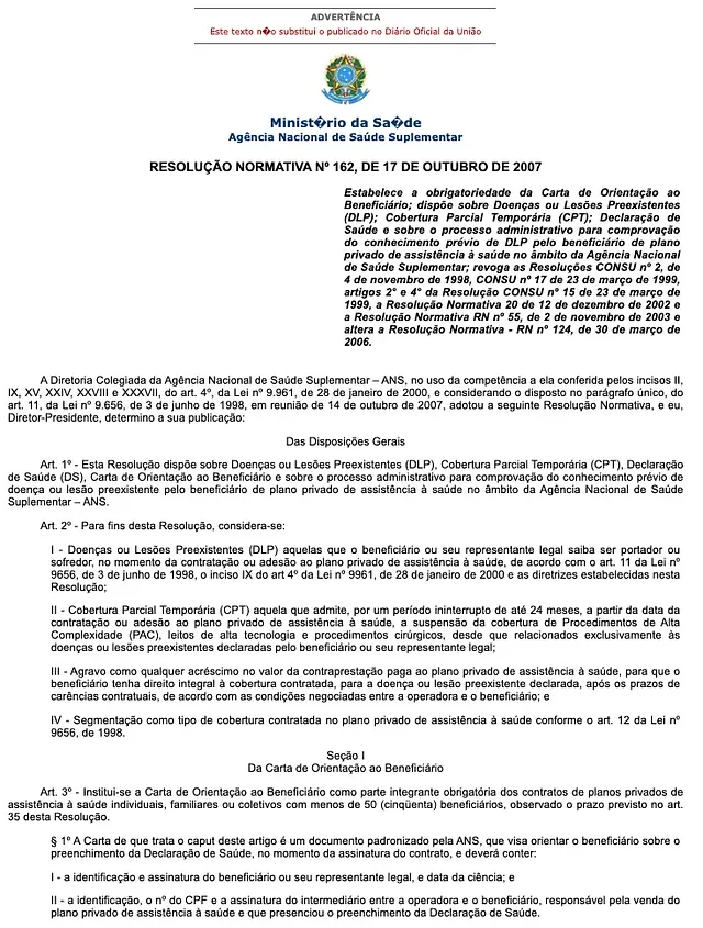 Official Brazilian government document from the National Health Agency (ANS) — Normative Resolution No. 162 of 2007, establishing the Beneficiary Orientation Letter requirements for private health plan operators.