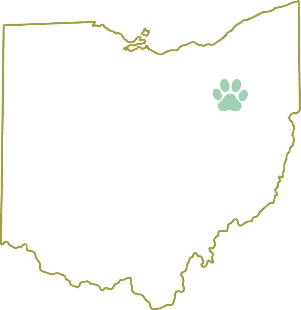 Outline map of Ohio with a green paw print symbol in the northeastern part of the state.