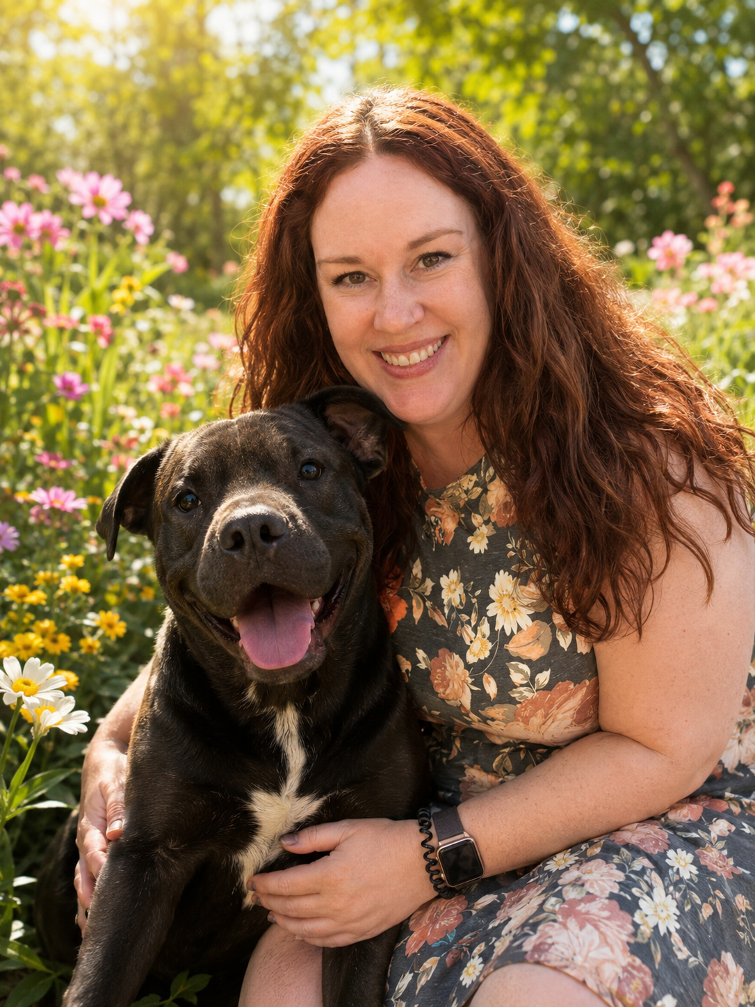 Woman smiling with happy dog
