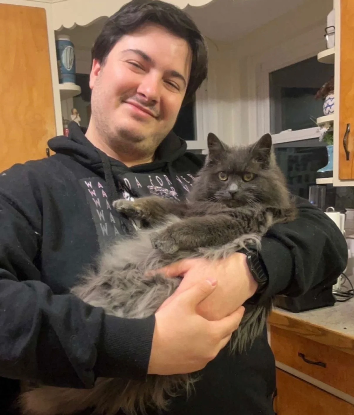 A man with dark hair and a black hoodie holding a long-haired gray cat in a kitchen with wooden cabinets and a window in the background.