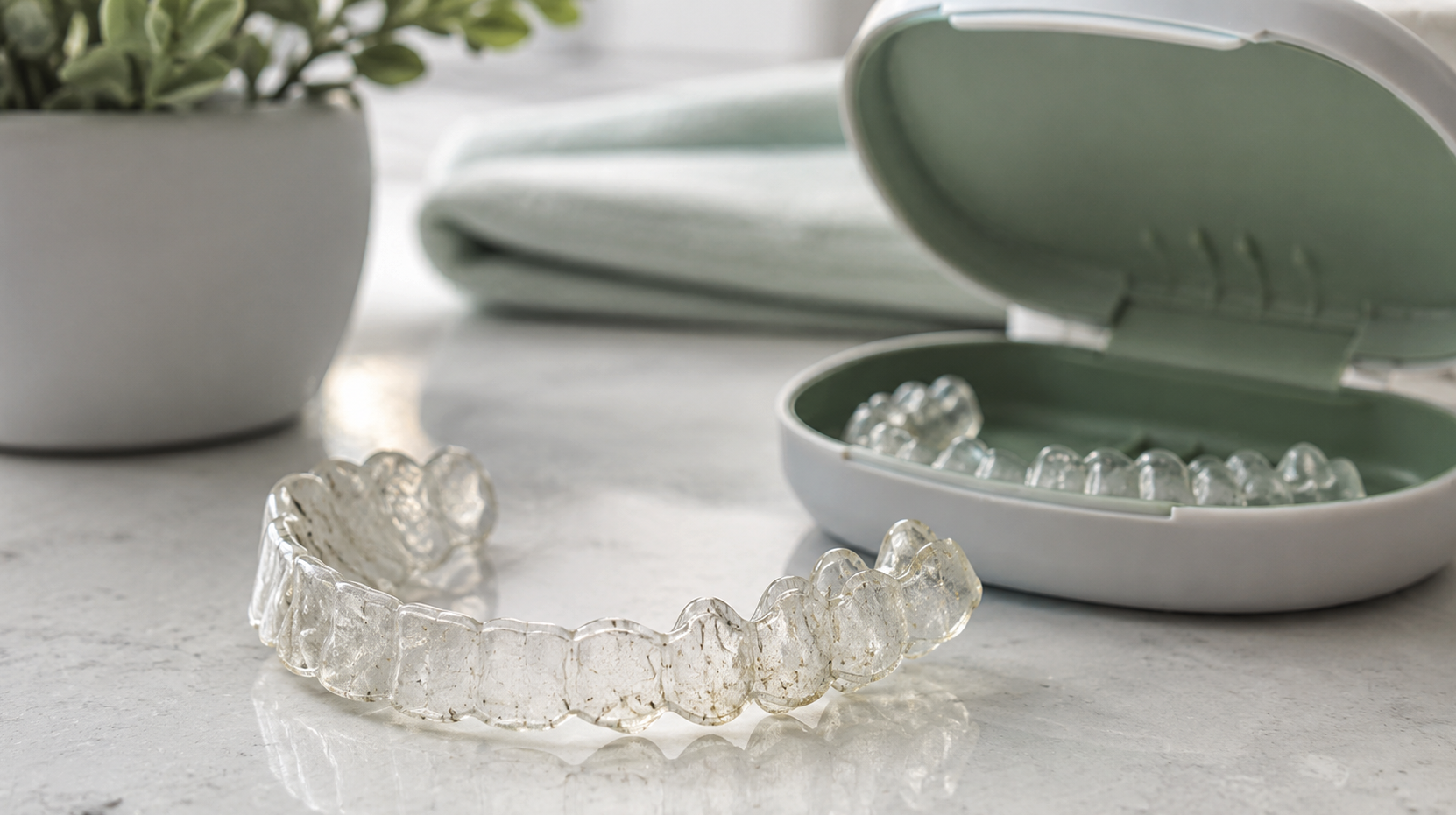 Worn clear orthodontic retainer showing signs of use and need for replacement