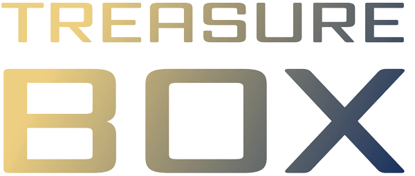 Close-up of a logo with the text 'TREASURE BOX' in metallic letters, featuring a yellow square and a gray 'X'.
