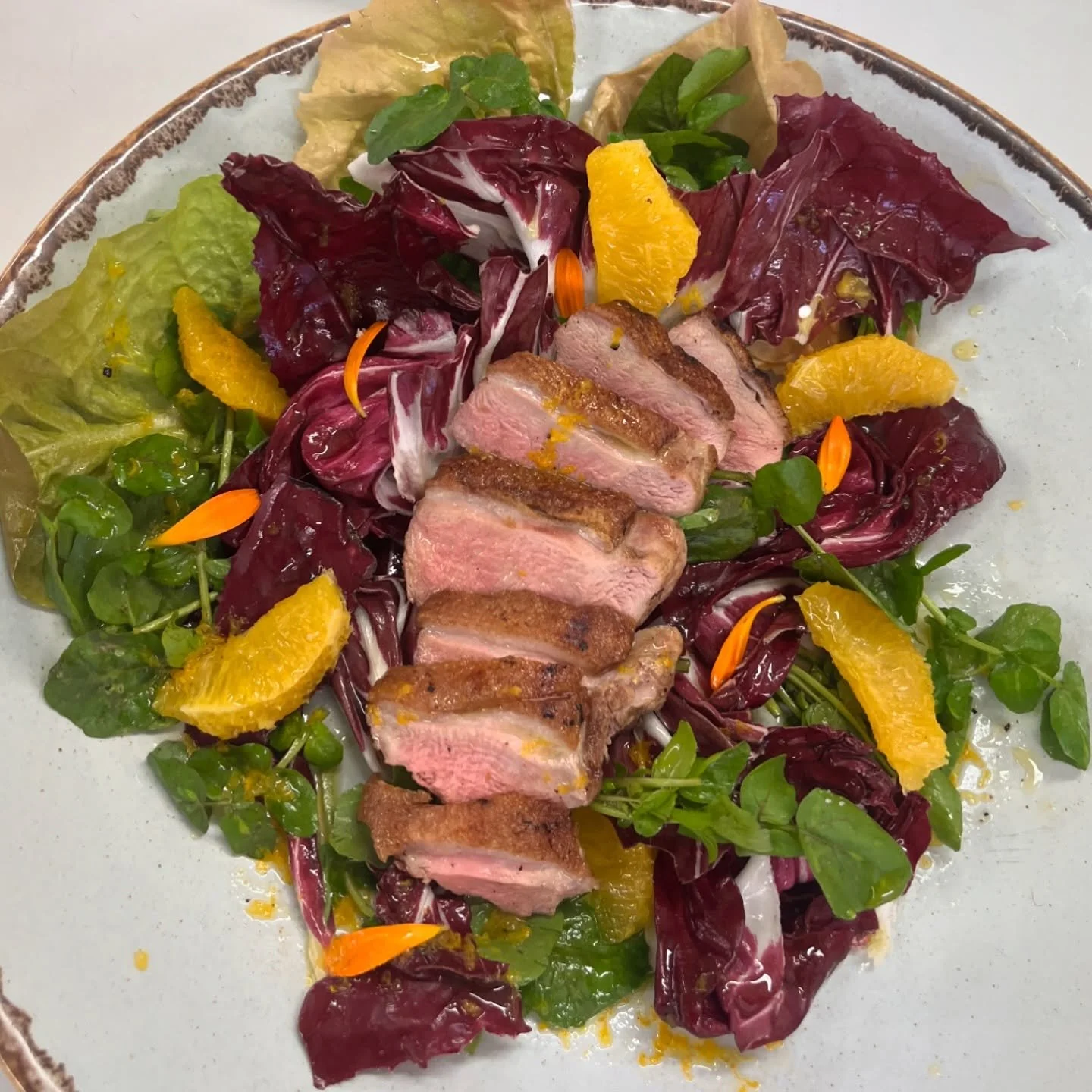 Some of my delicious, health-forward eats &mdash;
a few vibrant salads and seasonal soups.

&bull; Orange, watercress &amp; radicchio duck breast salad
&bull; Sticky Asian pork salad with fresh garden herbs and Asian greens
&bull; Baby greens growing