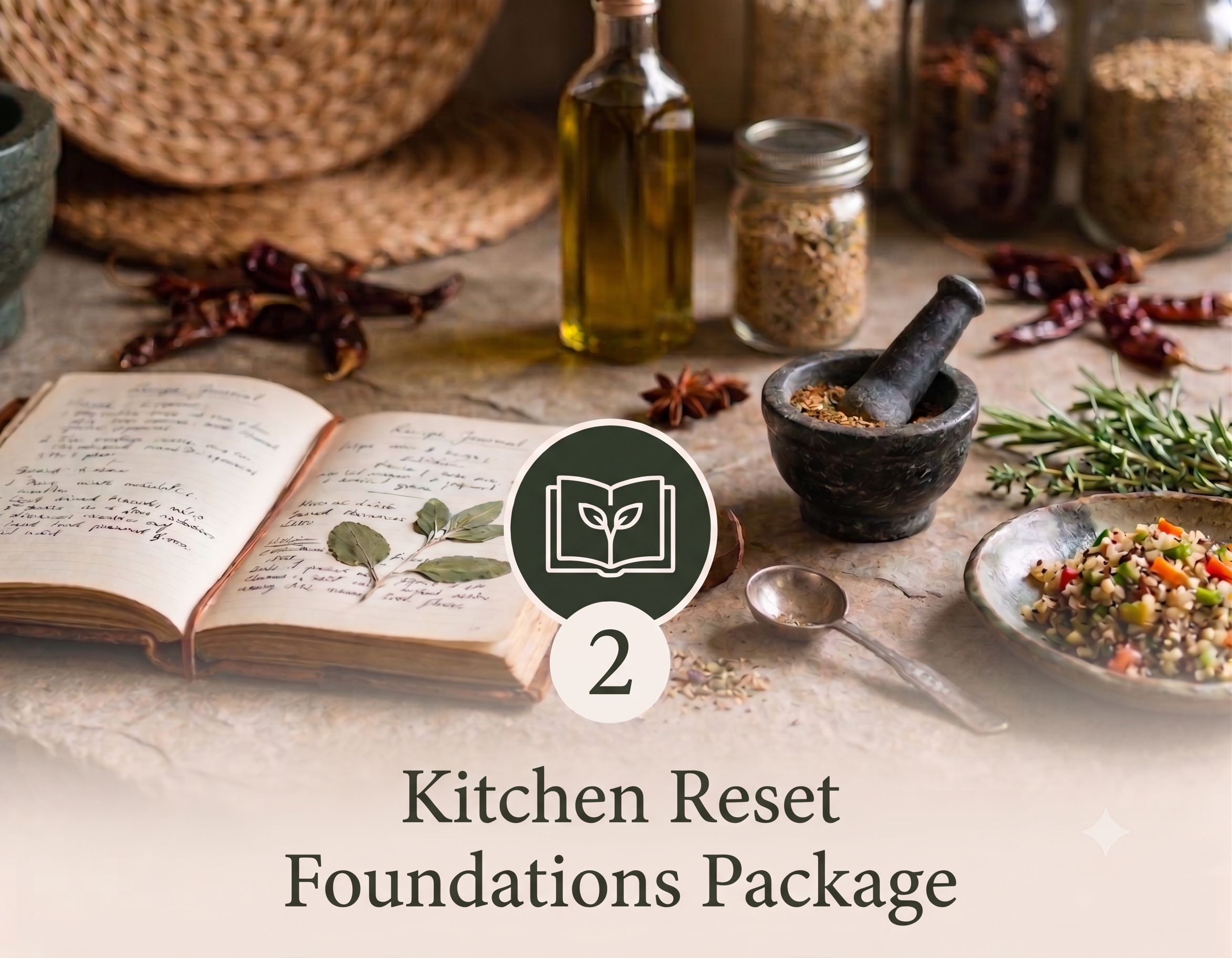 A collection of kitchen items on a rustic wooden surface, including a jar of spices, a bowl of chopped vegetables, dried red chili peppers, fresh herbs, an open handwritten recipe book, and a pestle with spices in a mortar. The background is blurred with woven baskets and containers.