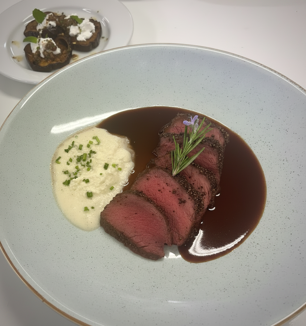 peppercorn crusted Elk tenderloin with horseradish cream and bordelaise sauce