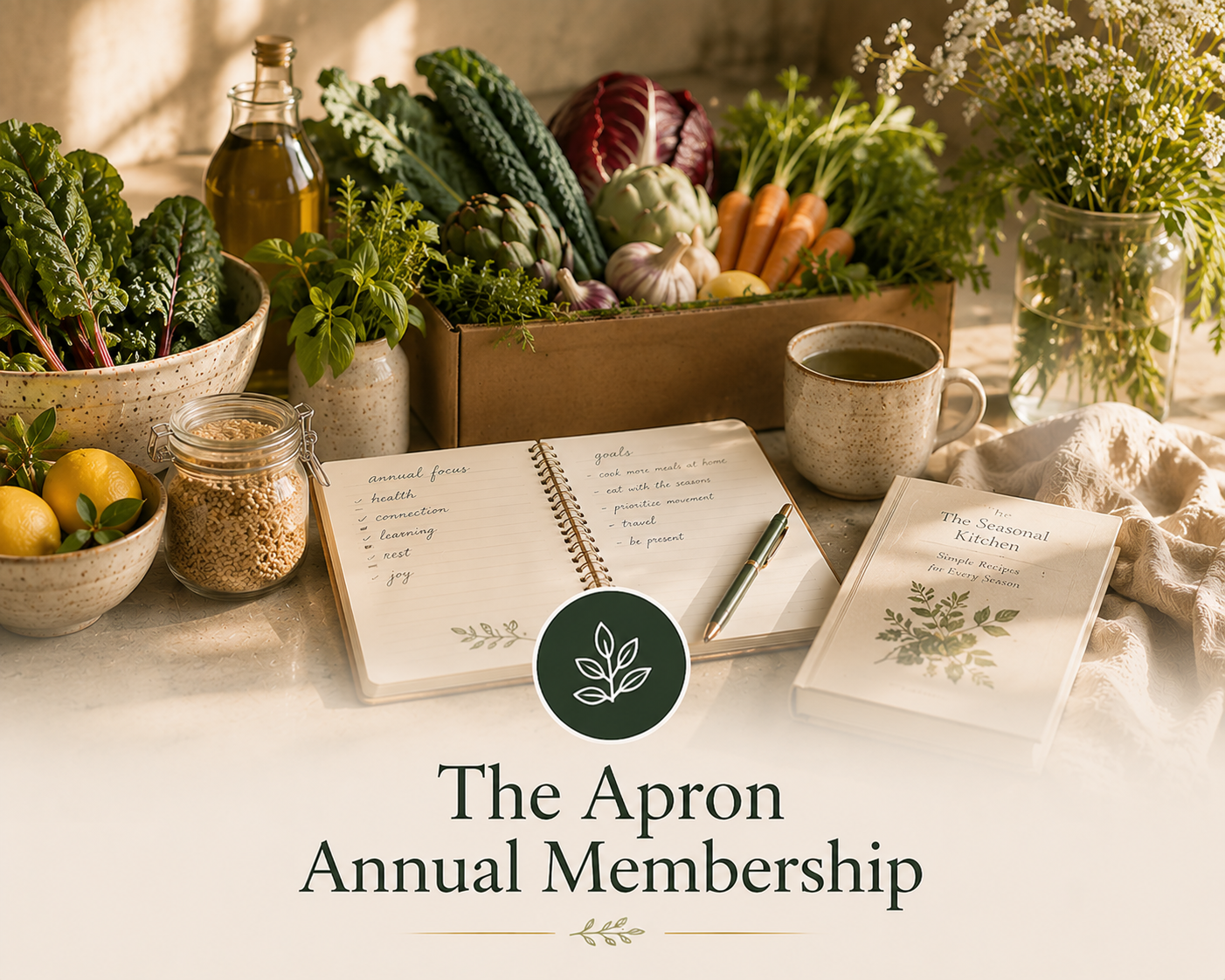 An open notebook with handwritten goals, a pen, a book titled "The Seasonal Kitchen," a mug of tea or coffee, and various fresh vegetables and herbs on a counter, including carrots, garlic, artichokes, lemons, and leafy greens, with a jar of grains and a bottle of olive oil, suggesting a gardening or cooking theme.