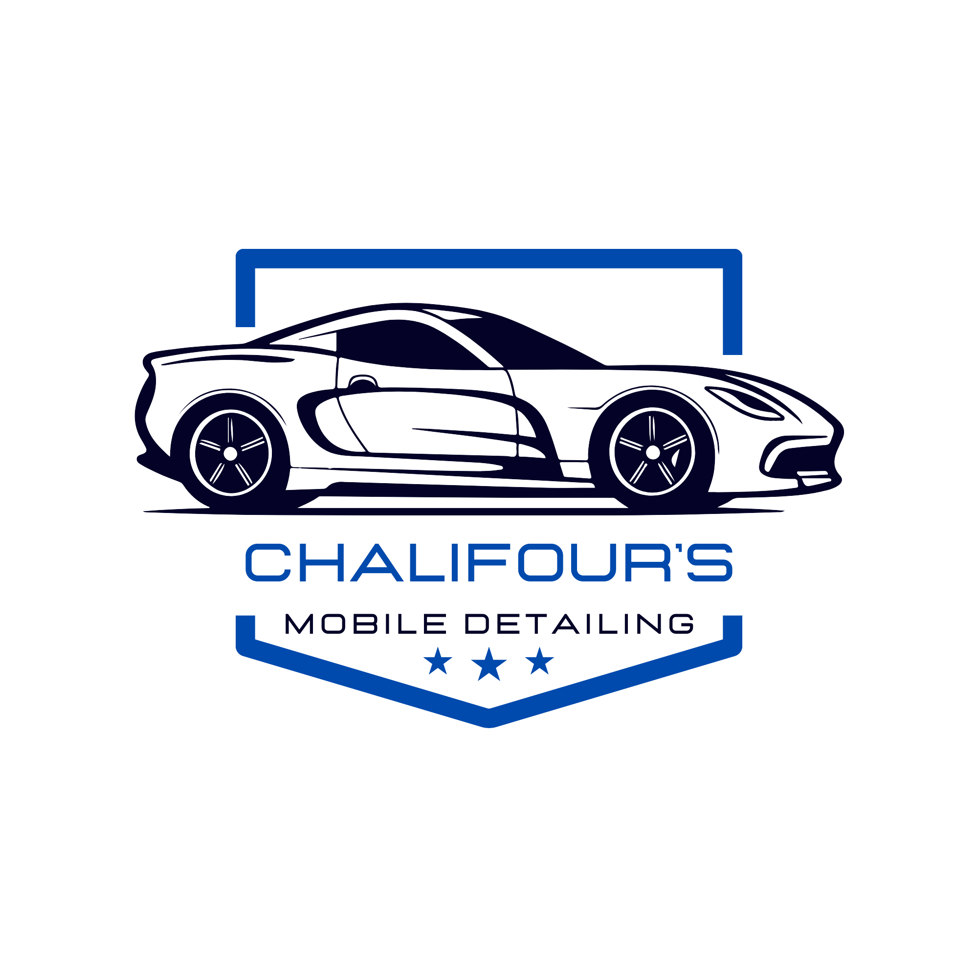 A logo for Chalifour's Mobile Detailing featuring a stylized sports car with a blue border and stars underneath.