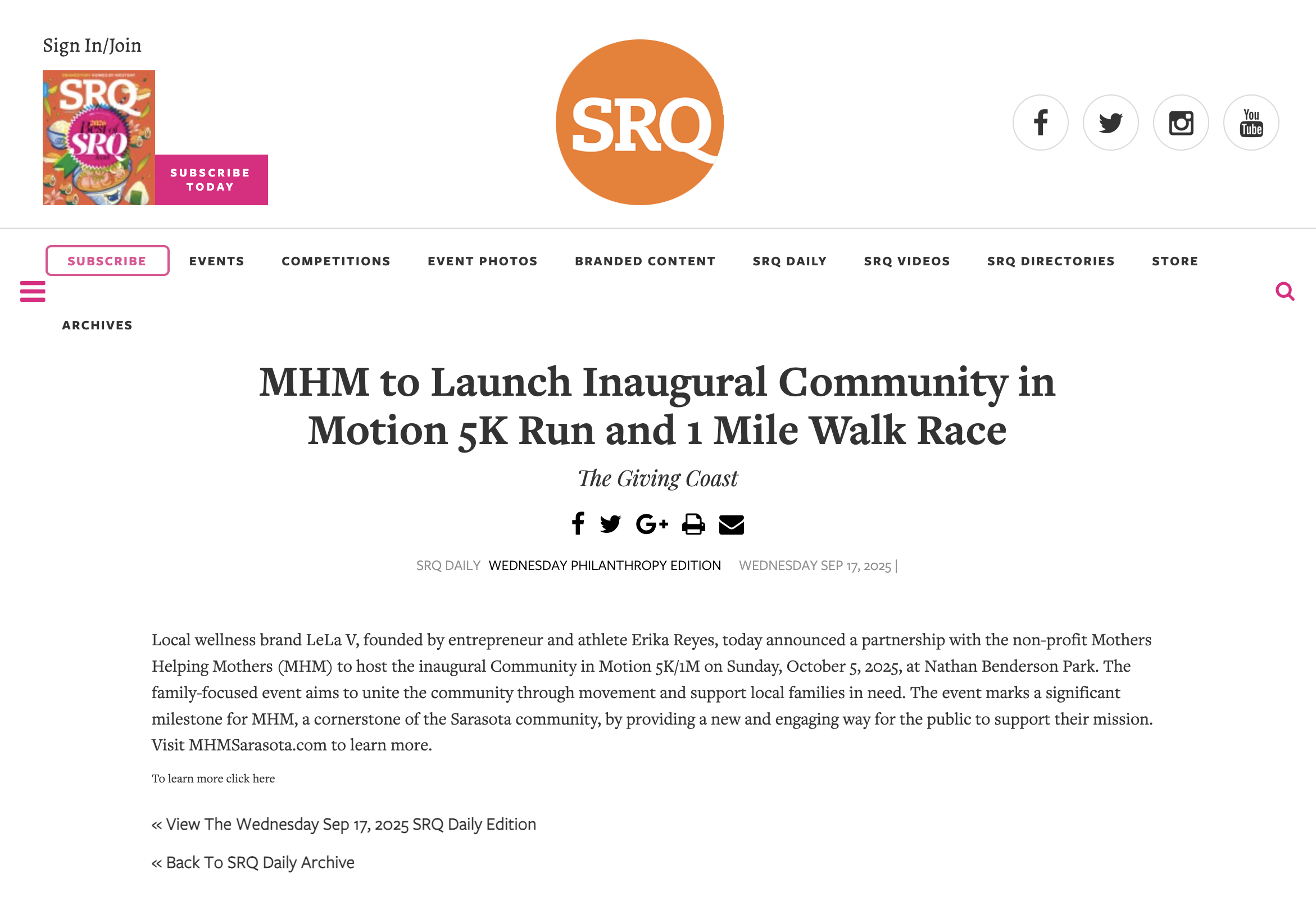A webpage with the SRQ logo in an orange circle at the top center. The page discusses the launch of a community in Motion 5K Run and 1 Mile Walk Race, organized by MHM, happening on October 5, 2025, at Nathan Benderson Park. The page includes navigation links, social media icons, and various article sections.