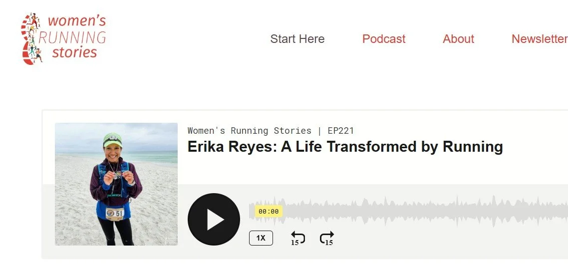 Erika Reyes smiling on a beach during a run, featured on the Women's Running Stories podcast, episode 221.