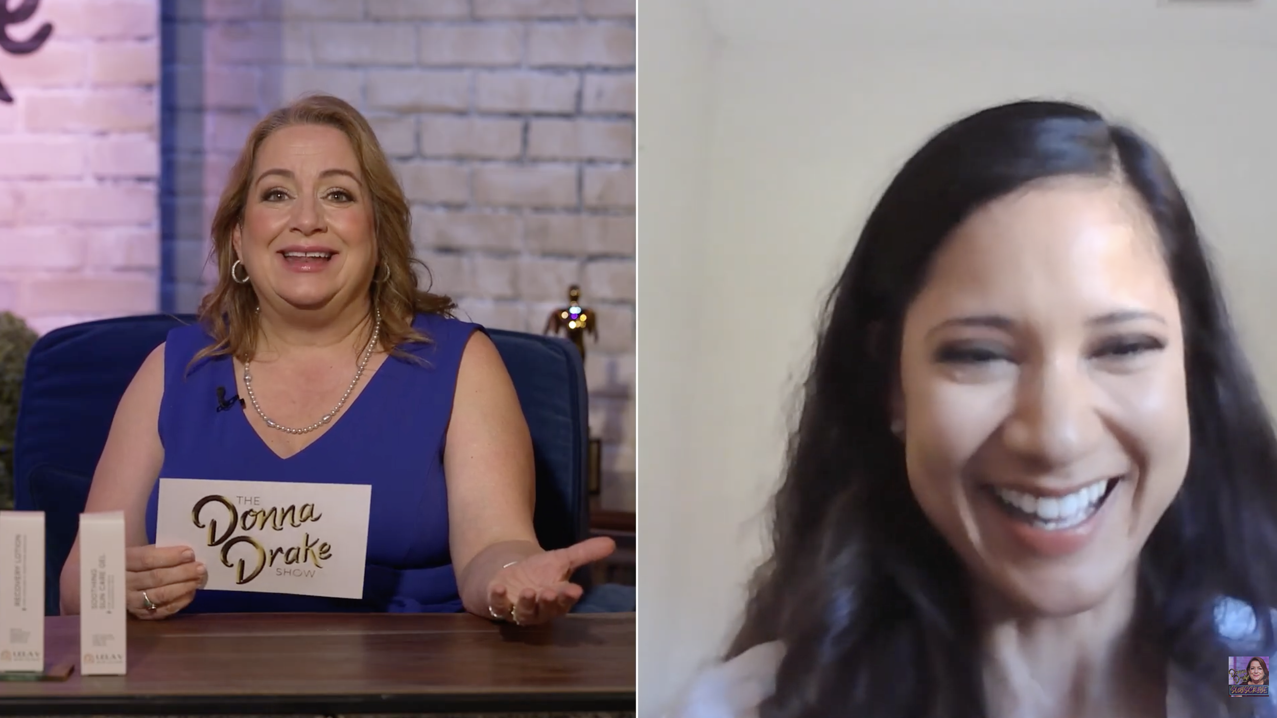 A split-screen image of two women smiling. The woman on the left has red hair, is wearing a blue top and sitting at a table with a sign that reads 'The Donna Drake Show'. The woman on the right has dark hair, dark eyes, and is smiling broadly.