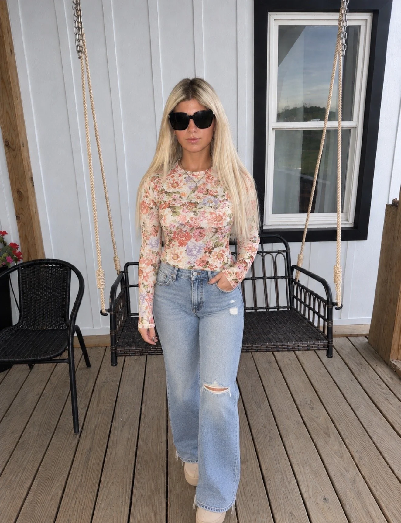 Floral Mesh Thumbhole Long Sleeve
