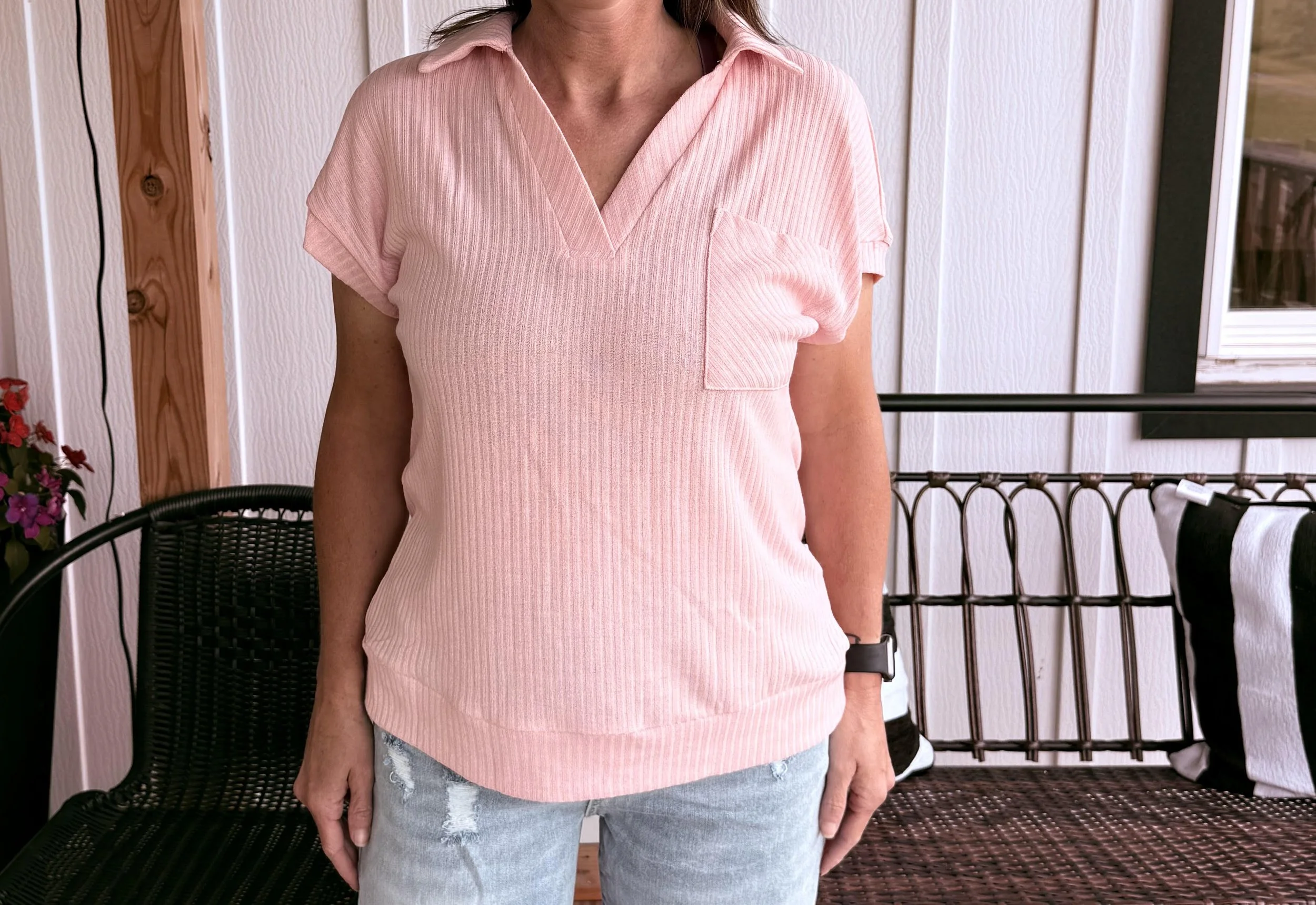 Light Pink Collared V Neck Ribbed Tee
