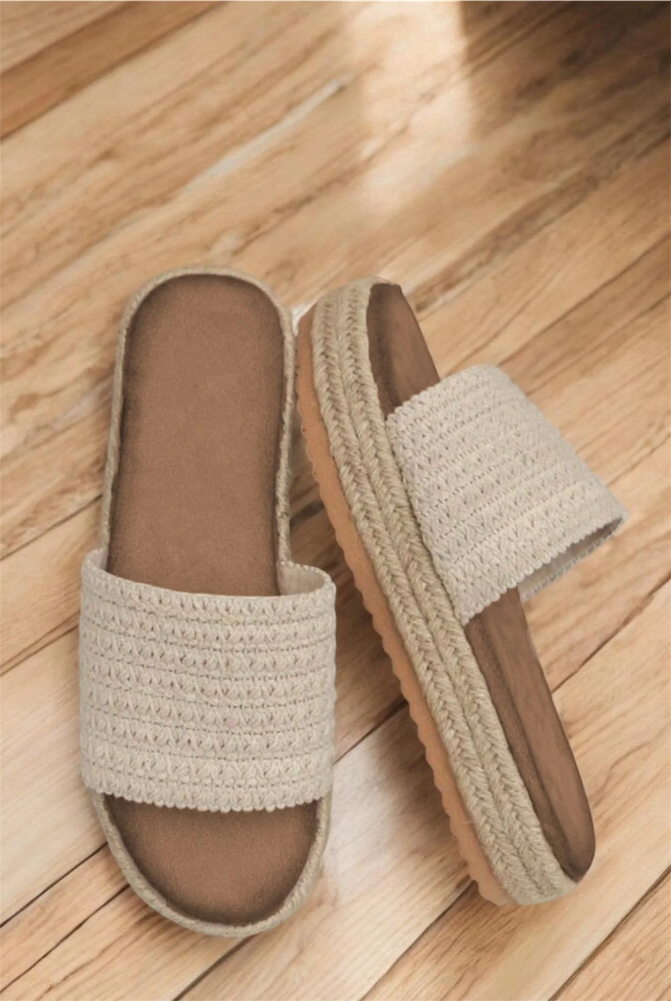 White Boho Woven Non-Slip Wedge Slippers